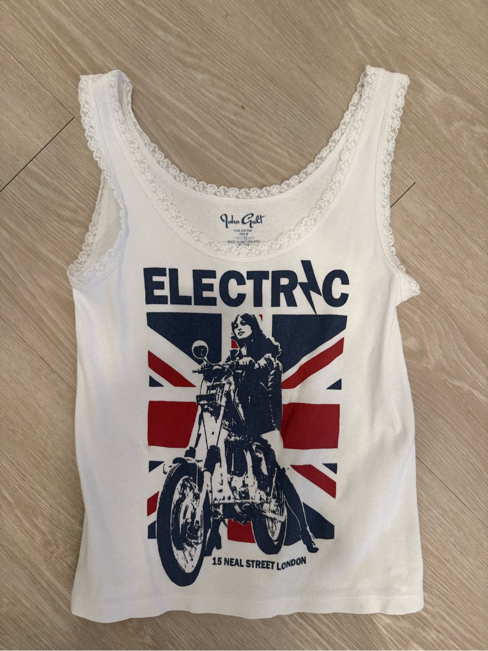 Brandy Melville White Lace-Trim Graphic Tank with Navy Print